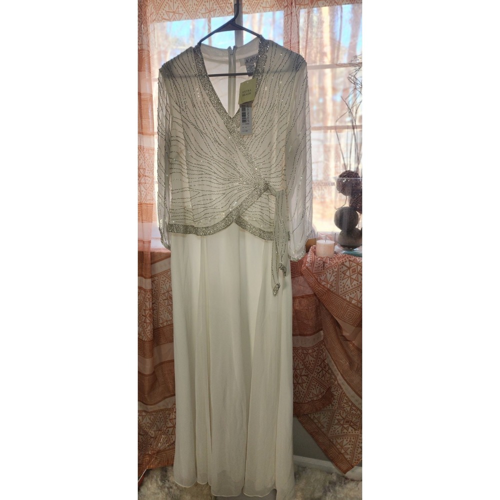 JKara‎ Ivory Beaded Faux Wrap Formal Gown Dress Size 18 Polyester